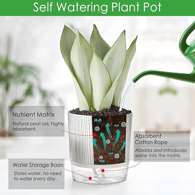 6 Pack Self Watering Pots for Indoor Plants, Flower Planters with Wick Rope & Reservoir, 4" + 5.5" Plastic Pots for African Violet, Orchid, Succulent, Herbs Rootora