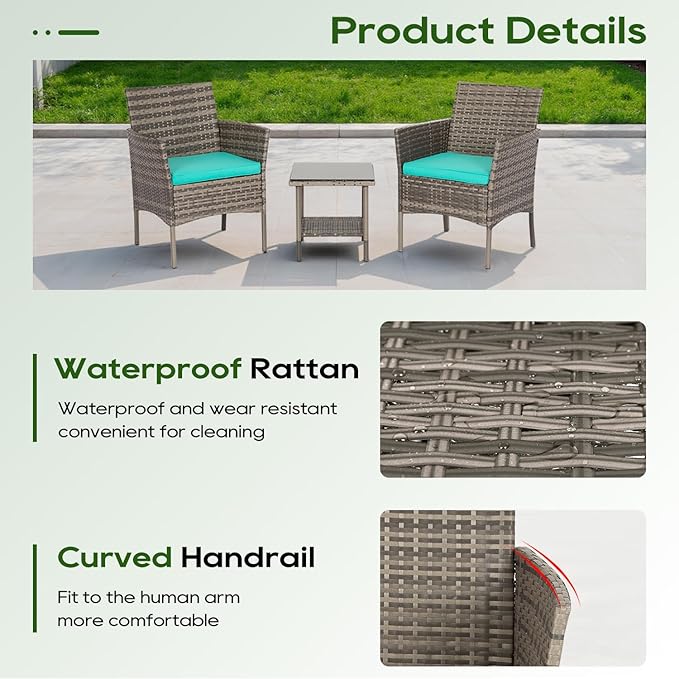 FDW | 3-Piece Patio Furniture Set | Gray & Blue | Outdoor Wicker Furniture with Coffee Table | Modern Rattan Chairs Conversation Set | Outdoor Seating | Weather-Resistant | for Porch, Garden, Lawn FDW
