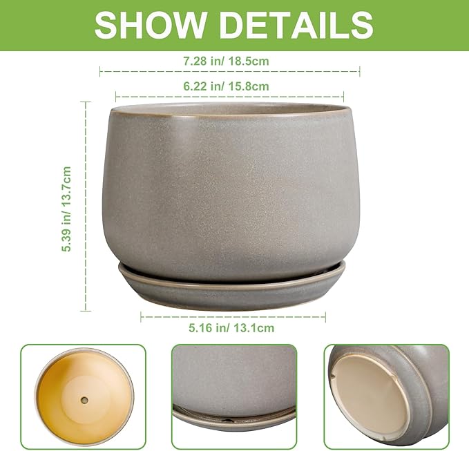 G EPGardening Ceramic Pots for Plants 7 Inch - Large Ceramic Planters for Indoor Plants Outdoor Modern Flower Pot with Drainage Holes and Saucer for Office Garden Patio Grey GEPGardening