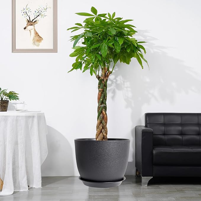 12inch Large Plant Pot, Modern Plastic Planter with High Driange Holes and Saucer for Indoor Outdoor Garden Plants and Flowers, Black UOUZ