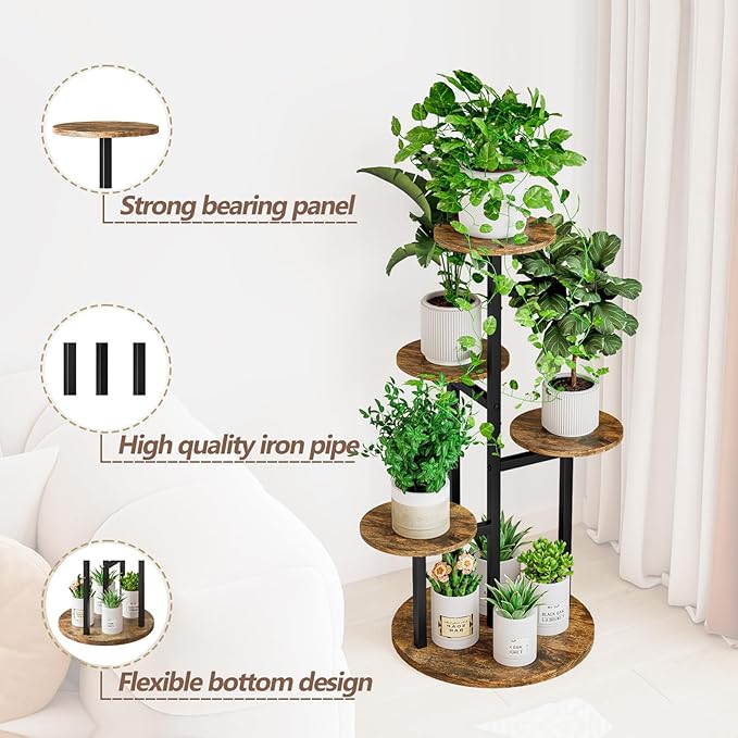 Plant Stand Indoor 5 Tier 8 Potted Multiple Flower Pot Holder for Patio Garden Balcony Living Room Corner (5 Tier Black+Rustic Brown) INGIORDAR