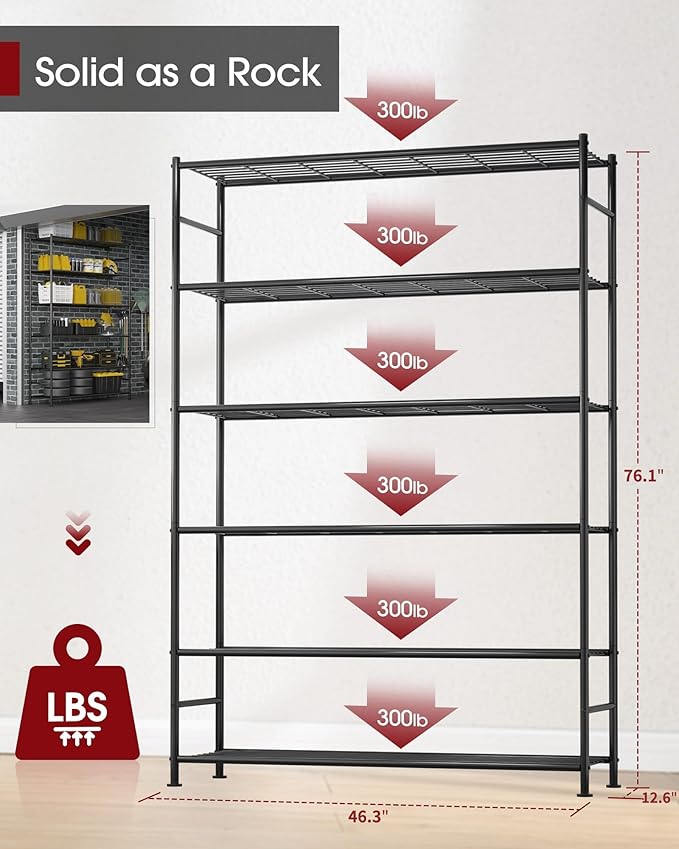 Storage Shelves - 6 Tier Shelf Organizer, Heavy Duty Garage Shelving Unit with Leveling Feet, Stable Metal Shelves Organizer for Pantry, Kitchen and Closet, 46.3" W x 12.6" D x 76.1" H, Black Sakugi