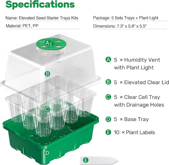 Bonviee 10 Packs Seed Starter Tray with Elevated Lid, 120 Cells Thicken Seed Starting Trays Kit with Adjustable Humidity Vent, Clear Cell Tray and Heightened Lids for Greenhouse & Gardens, Green BonvieeDirect