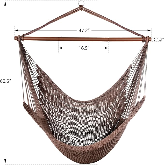 Upgraded Caribbean Hammock Chair with Detachable Metal Bar, Large Hammock Swing Chair, XL Rope Hanging Chair for Outdoor Indoor, 330 LBS Weight Capacity, SaddleBrown Bathonly