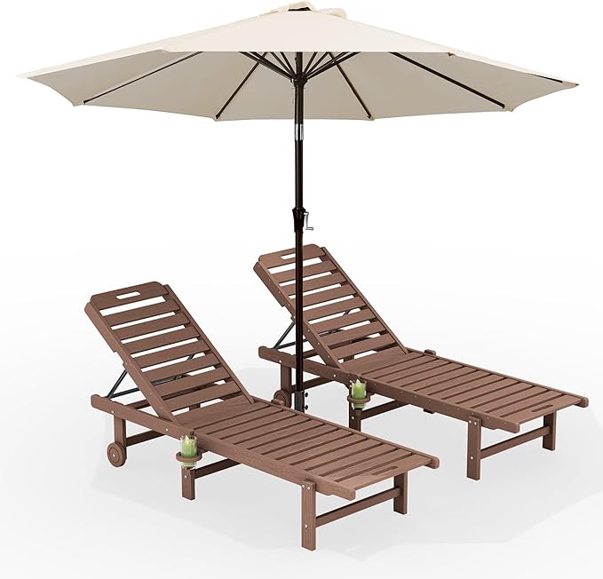 SERWALL Outdoor Chaise Lounge Set of 2 with 9FT Umbrella, HDPE Pool Lounge Chair with 5-Position Adjustable Backrest, Patio Lounger with Rolling Wheels & Cup Holder for Pool, Brown SERWALL