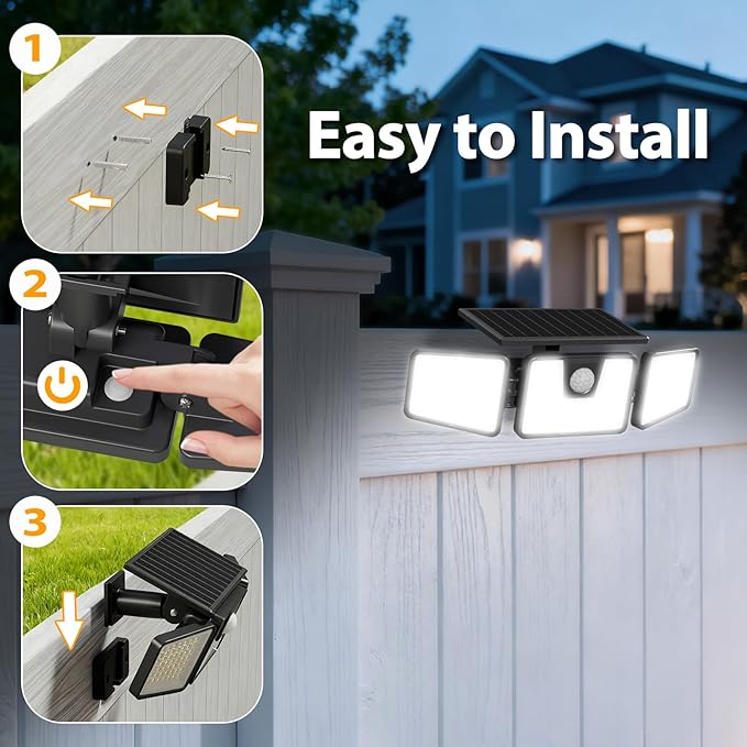 INCX Solar Motion Sensor Lights Outdoor, 3 Heads Security Lights Solar Powered, 156 LED Flood Light Motion Detected Spotlight for Patio Yard Garage Entryways, IP65 Waterproof 1 Pack INCX