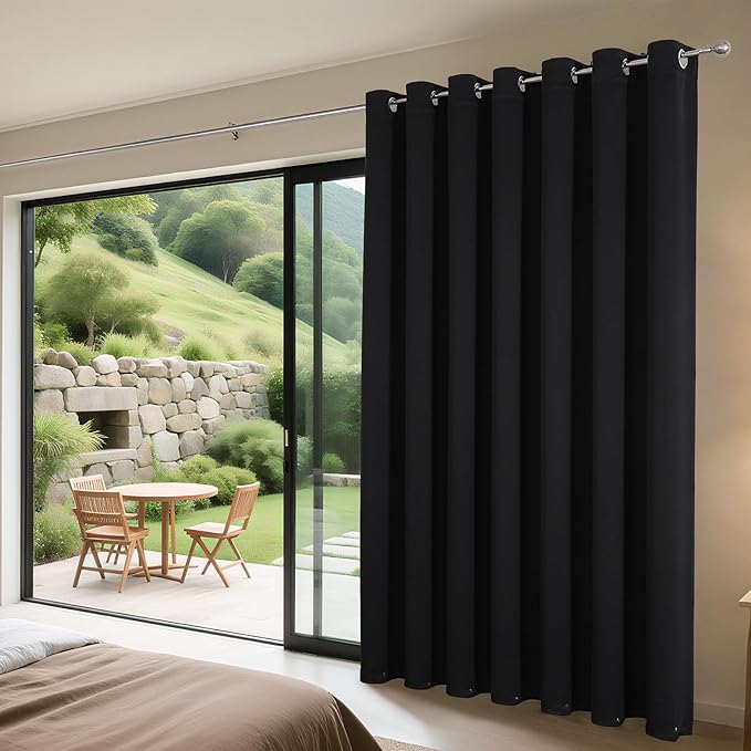 Joydeco Blackout Patio Sliding Door Curtains 108 Inches Long, Grommet Privacy Room Divider Curtains, Extra Wide Thermal Blackout Drapes for Bedroom Living Room (Black, 60Wx108L, 1 Panel) JOYDECO