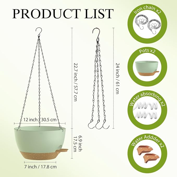 12 Inch Hanging Baskets 2 PC with Chains, Self-Watering Hanging Planters for Indoor Outdoor Plants, Plastic Hanging Flower Pots,Green Brown SQKH