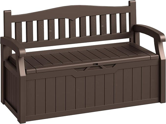 80-Gallon Outdoor Storage Bench, Waterproof Deck Box with Lockable Lid & Armrests for Patio, Garden, Pool, Brown Acurax