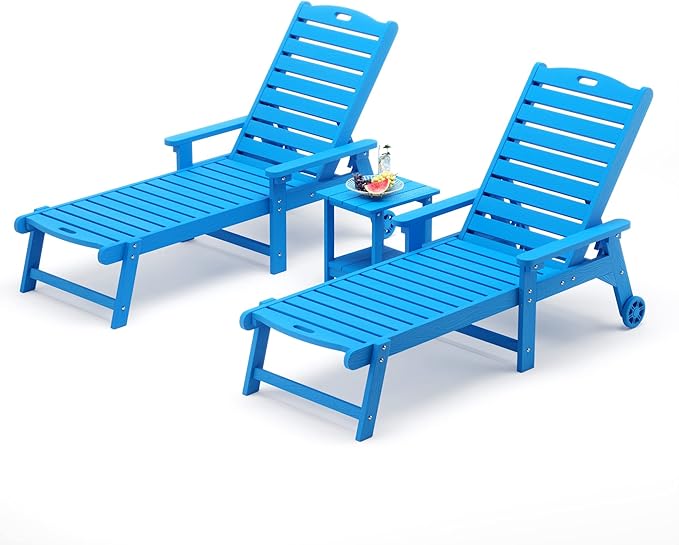 LUE BONA Chaise Lounge Chair with Table, 3-Piece, HDPS Chaise Lounger, 5 Positions Adjustable Lounge Chairs, Pool Lounge Chair with Wheels for Poolside, Backyard, Blue LUEBONA