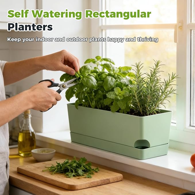 4 Pack Self Watering Pots for Indoor Plants 17 Inches Window Boxes Planters Rectangular Flower Pots Rectangle Herb Pots Large Plant Pots with Drainage Holes and Saucers Windowsill Planter, Green KvyusFlourish