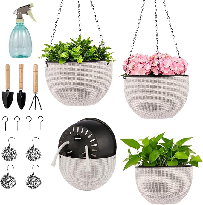 4 Sets of 8.2 Inch Self Watering Hanging Planter Flower Pots, Suitable for Indoor and Outdoor Plant Flower, Basket Flower Pots with Hanging Chains, Spray Bottles, Planting Tools, Hook (White) Rootora