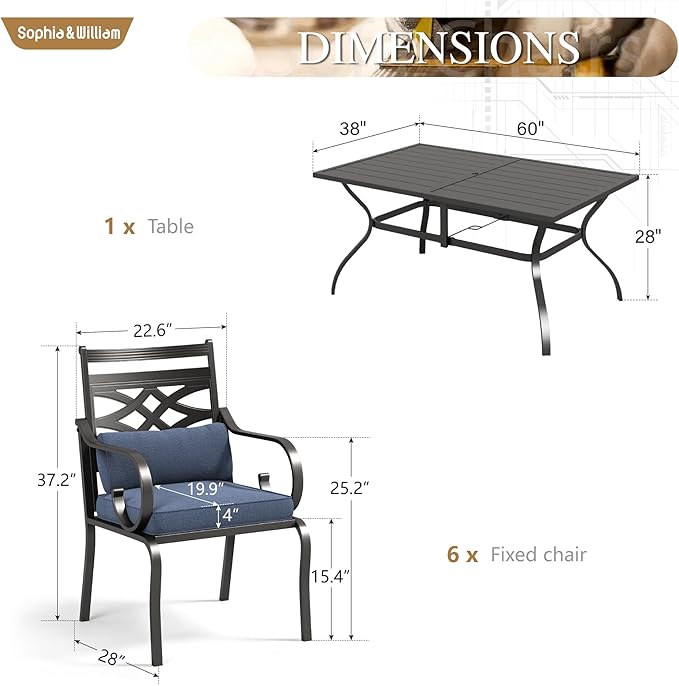 Sophia and William Patio Dining Set for 6, Outdoor Table and Chairs, Removable Seat Cushions, 60" Black Patio Dining Table,Blue SophiaWilliam