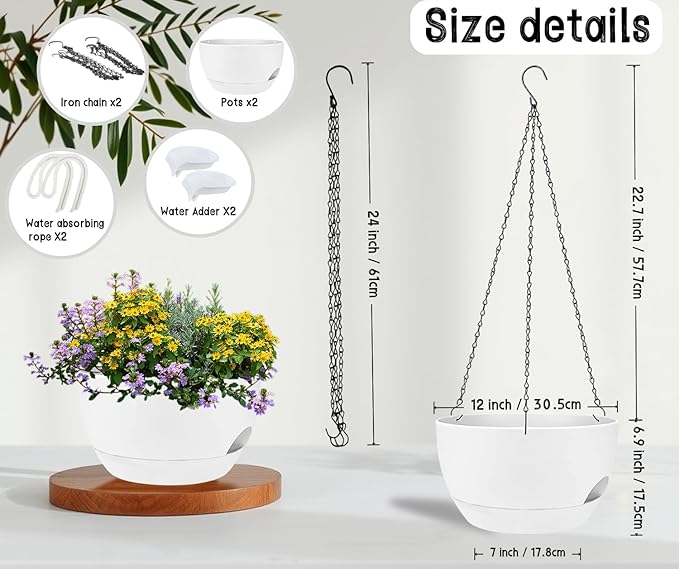 2 Pack 12 Inch Self Watering Hanging Planters for Indoor Plants, Large White Plastic Hanging Pots with Chains for Outdoor Patio Garden Home Decor White zople