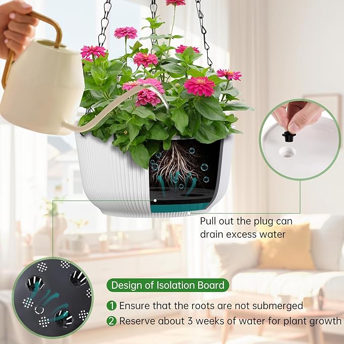 8.8 Inch Hanging Planters for Outdoor Indoor Plants, Set of 2 Self-Watering Hanging Pots with Drainage Hole & Plug II Screw-in Hooks II Non-deforming Rootora