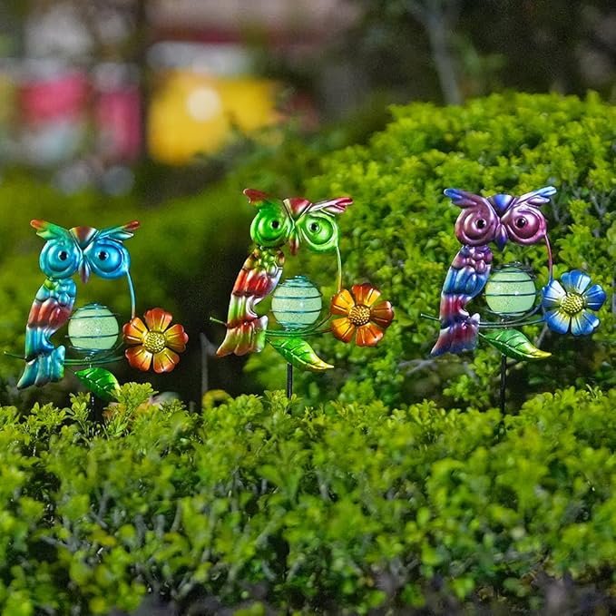 Set of 3 Owl Decorative Garden Stakes,Glow in The Dark Metal Yard Art,Waterproof Stakes Decorative for Outside,Metal Garden Decor for Mom,Women,Yard Lover SATHGA