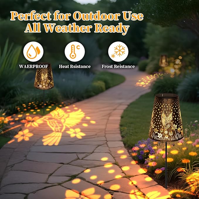 Solar Pathway Lights Outdoor, LED Bright Metal Retro Waterproof, Outside Decorative Hummingbird Lanterns Solar Powered for Path Lawn Patio Yard Walkway (Hummingbird 2P) MMHFSolarLightsOutdoor
