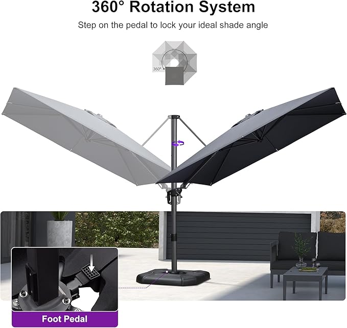 PURPLE LEAF 8.8' X 8.8' Left-right Tilt Patio Umbrella Outdoor Cantilever Swivel Square Umbrella with Tilt and Crank Aluminum Offset Umbrella with 360-degree Rotation for Garden Deck Pool Patio Grey PURPLELEAF