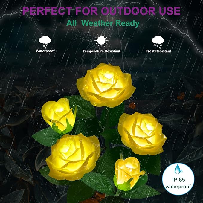 Solar Flower Lights Outdoor - Upgraded New Material Two Modes Realistic LED Solar Powered Waterproof Lights with 5 Roses, Solar Decorative Stake Lights for Garden (Yellow, 2 Pack) LightYourLife