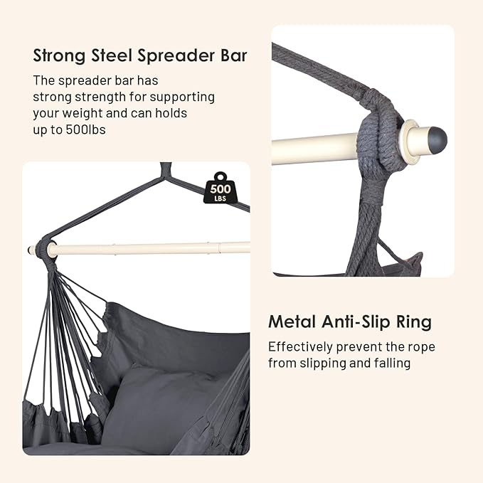 Highwild Hammock Chair Hanging Rope Swing - Max 500 Lbs - 2 Cushions Included - Steel Spreader Bar with Anti-Slip Rings - for Any Indoor or Outdoor Spaces (Grey) Highwild