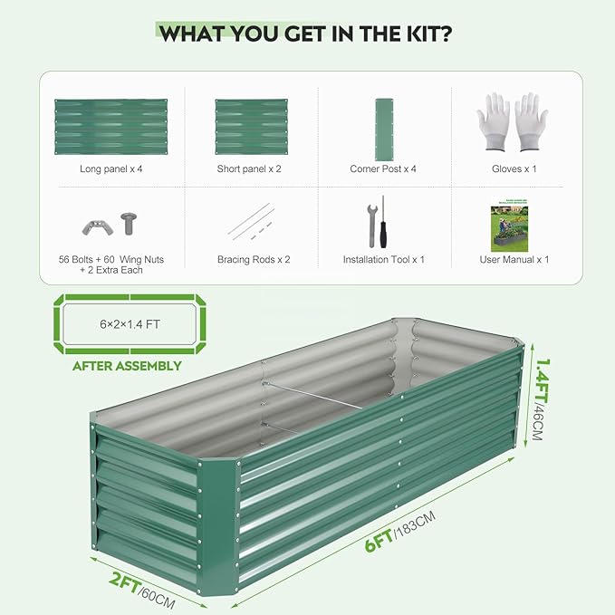 ZORMY 6×2×1.4ft Galvanized Raised Garden Bed Kit, Metal Planter Boxes Outdoor, High Raised Beds for Vegetables, Fruits, and Flowers - LotusGreen ZORMY