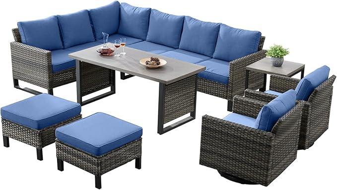 Belord Patio Sectional Furniture Set with Coffee Table: 8 Pieces Wicker Patio Conversation Set with L Shaped Sofa, Outdoor Swivel Glider Rocker, Rattan Ottomans, Removable Belord