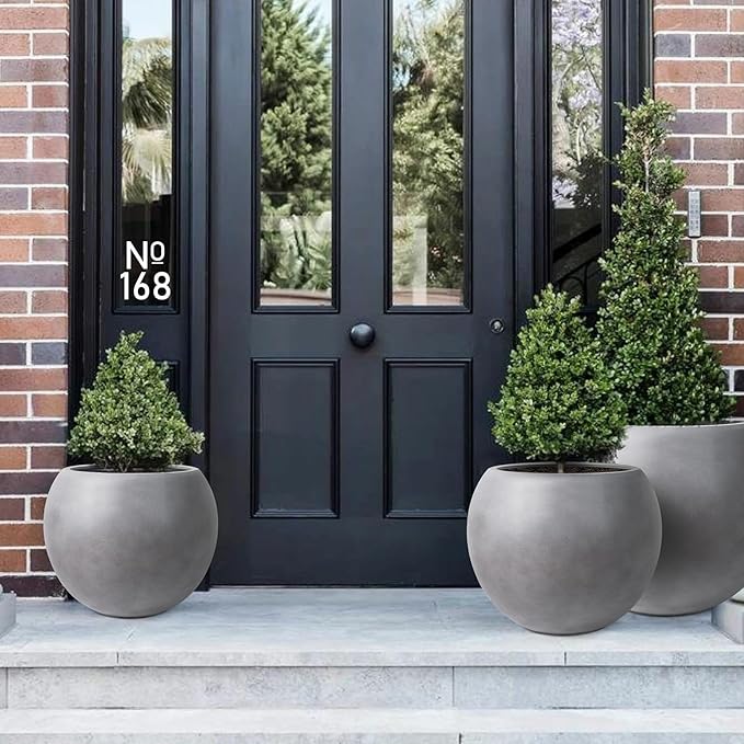 13.5 H x 17" Dia (12" Pot Opening) Round Fiberstone Planter with Drainage Hole, Gray, Indoor/Outdoor Large Plant Pot for Home Patio Garden, Ideal for Large Plants Panlaolao