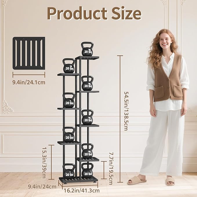 LASZOLA 7 Tier Plant Stand Indoors Outdoors for Large Heavy Duty Planter, Black Metal Tall Flower Holder Rack with Multiple Shelf for Modern Patio Corner, Vertical Organizer, Weather Resistant Bracket LASZOLA