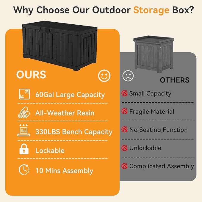 NEWBULIG 60 Gallon Deck Box, Waterproof Outdoor Storage Box with Lockable Lid, Patio Furniture Bench & Side Table, Outside Storage Container, Tool-Free Assembly, for Garden, Pool, Black NEWBULIG