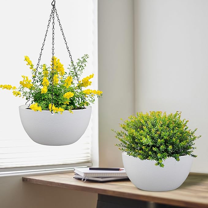 10 inch Hanging Planters for Indoor Outdoor Plants, 2 Pack Hanging Flower Pots with Drainage Holes and Chain for Garden Balcony Porch, Round Plastic Hanging Baskets for House Plants, White Meowell