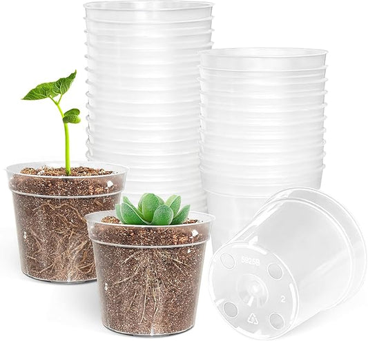 BTPLASTIK 50 Pack 2.5 Inch Clear Nursery Pots for Plants, Sturdy Plastic Plant Pot for Planting Vegetables Flowers Seedlings, Transparent Seed Starter Pots with Drainage Holes, garden, Gardening Gifts BTPLASTIK