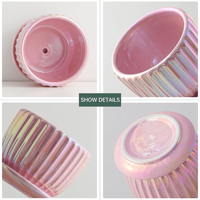 Ton Sin Pink Gold Ceramic Flower Pots, 4"+5"+6" Inch Small Glazed Succulent Planters with Drainage Hole,Modern Indoor Decorative Plant Pots Set of 3,Garden Pots with Saucer TonSin