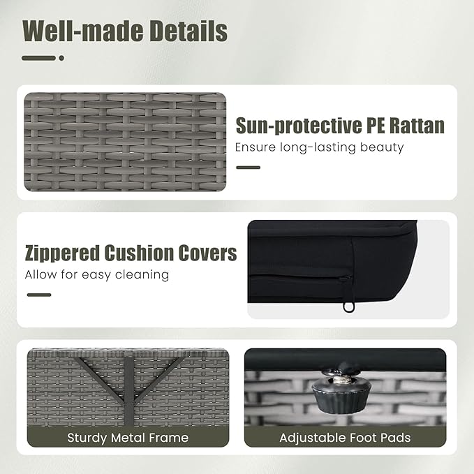 Tangkula Patio Rattan Daybed with 4-Level Adjustable Backrest, Outdoor PE Wicker Loveseat with Storage Ottoman & Folding Side Table, Double Sunbed for Balcony, Backyard & Poolside, Black & Grey TANGKULA