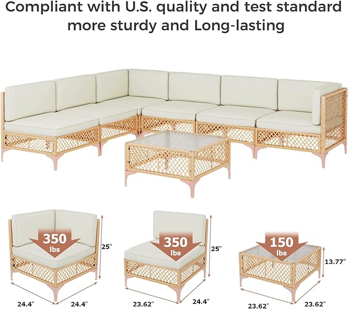 LYNSLIM Outdoor Patio Furniture Set, Wicker Outdoor Sectional Set, Boho Patio Conversation Sectional Sofa with Large Tempered Glass Coffee Table and Waterproof Cushion (7-Piece Thickened) LYNSLIM