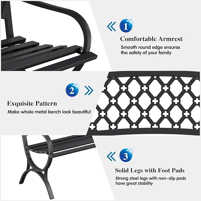 On Shine 50'' Patio Garden Bench, Loveseats Patio Park Bench,Black Steel Cast Iron Frame Bench,Metal Bench Outdoor for Porch Yard Lawn Deck (Grid) Rootora