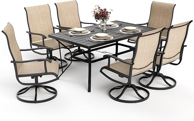 Pamapic 7-Piece Patio Dining Furniture Set with Swivel Chairs, Outdoor Table & 6 Textilene Chairs for Garden, Backyard, Pool, Deck, Beige Pamapic