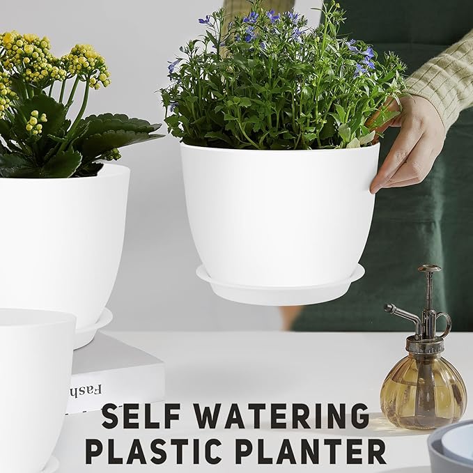 Plant Pots 12/10/9 inch Set of 3, Flower Pots with Multi Mesh Drainage Holes, Large Planters for Indoor Outdoor Garden Plants and Flowers. (White) AFamilyofGardenLovers