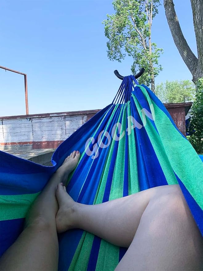 Brazilian Double Hammock 2 Person Extra Large 220x160cm Total Length 330cm Load 500lb Canvas Cotton Hammock for Patio Porch Garden Backyard Lounging Outdoor and Indoor(Blue/Green) XXL GOCAN