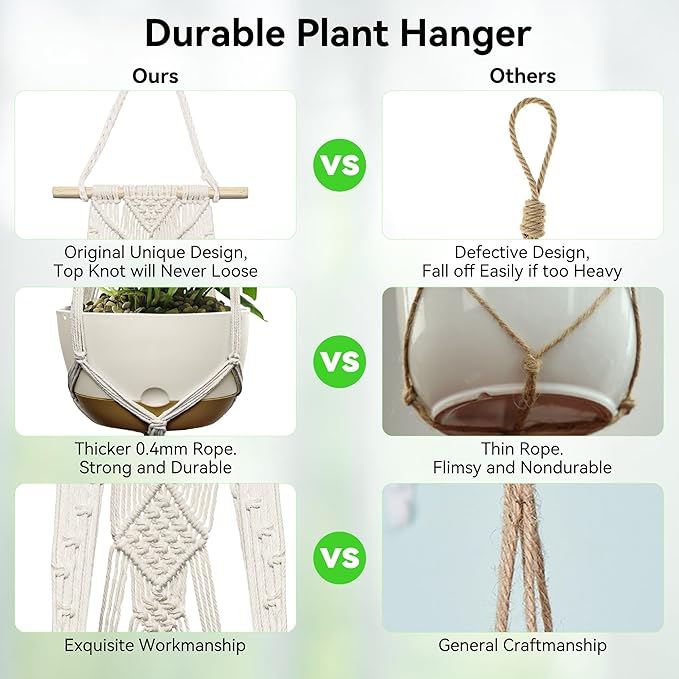 USLAI Macrame Plant Hanger Indoor Outdoor, Fits 4 to 12 Inch Pots, Hanging Planter Holder with Dowel Rod and Tassels, Boho Home Decor, 47+47 Inch, Ivory (POTS NOT Included) USLAI