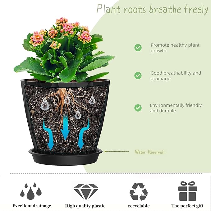 4 Inch Plant Pots, 6 Pack Indoor Flower Pots, Planters with Drainage Holes and Trays for Orchids, Violets, Succulents, Herbs, and Other Plants, Black SQKH