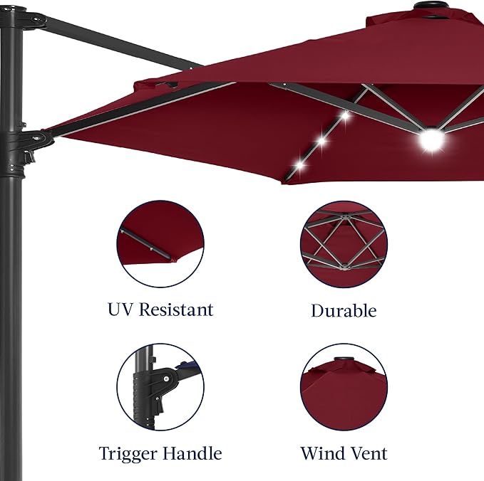 Best Choice Products 10ft Solar LED Offset Cantilever Hanging Market Patio Umbrella, Smooth 360° Rotation, 8 Sturdy Ribs, Easy Adjustment - Burgundy BestChoiceProducts