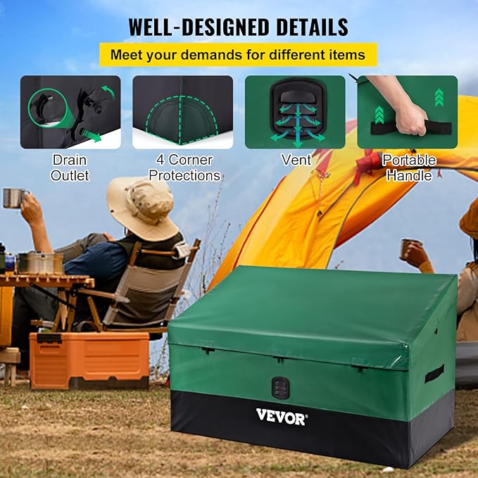 VEVOR Outdoor Storage Box, 100 Gallon Waterproof PE Tarpaulin Deck Box w/Galvanized Frame, All-Weather Protection & Portable, for Camping, Garden, Poolside, and Yard, Black & Green VEVOR