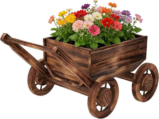 Wooden Flower Cart with Wheels Wooden Wagon Planter Outdoor Garden Planter Decor Planter Kit for Patio Balcony Trolley Decoration Succulent Flower Pot, Indoor Backyard Balcon Decor（Small） Dawnyard