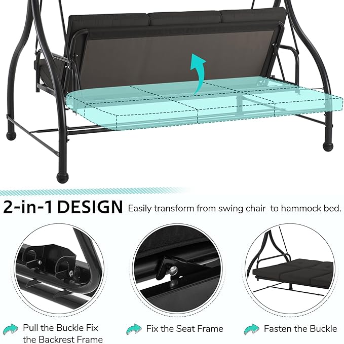 U-MAX Porch Swing Chair with Adjustable Backrest&Canopy, 3 Seat Patio Swing with Canopy 2-in-1 Convertible Outdoor Swing with Canopy Patio Daybed with Removable Black Cushions for Adults U-MAX
