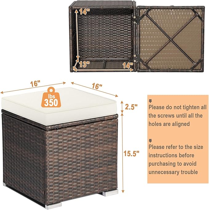 RELAX4LIFE Wicker Outdoor Storage Ottoman, 2-Piece Rattan Footstool w/Removable Cushion, Multipurpose Footrest Stool Side Table Additional Seating, Set of 2 Outdoor Ottomans for Patio Deck (Off White) RELAX4LIFE