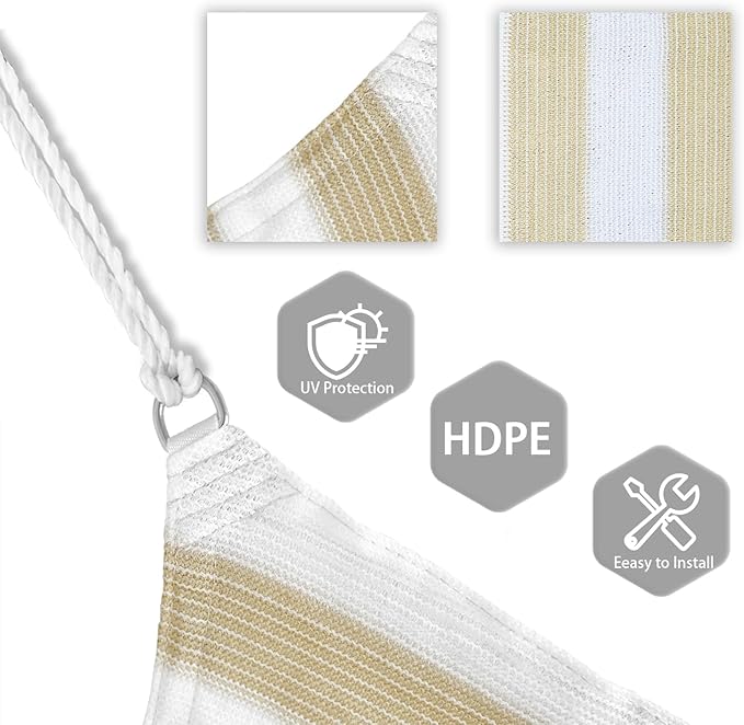 Patio Paradise 6' x 6' x 6' Sun Shade Sail Triangle Canopy Shade Cloth Fabric Sunlight Block Patio Pergola Cover HDPE Deck Awning for Outdoor Backyard Roof Shading, Beige White Strip Patio