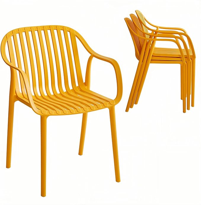 Modern Stackable Outdoor & Indoor Plastic Dining Chairs Set, Armchairs Set, Weather-Resistant, Ideal for Patios, Cafes, and Home Use, Set of 4 (Mustard Yellow) XDECO