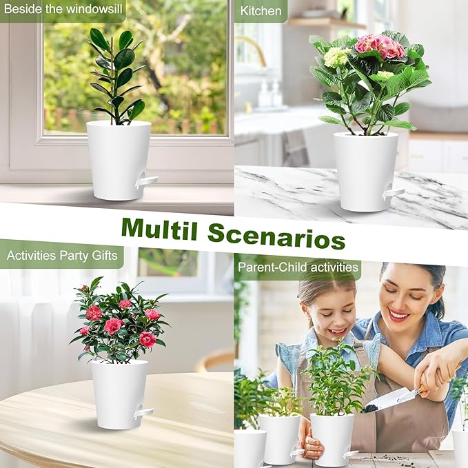 Self Watering Pots, 4 inch Flower Pots with Multi Mesh Drainage Holes, Small Platic Planters for Indoor Outdoor Garden Plants and Flowers (White, 4") Rootora