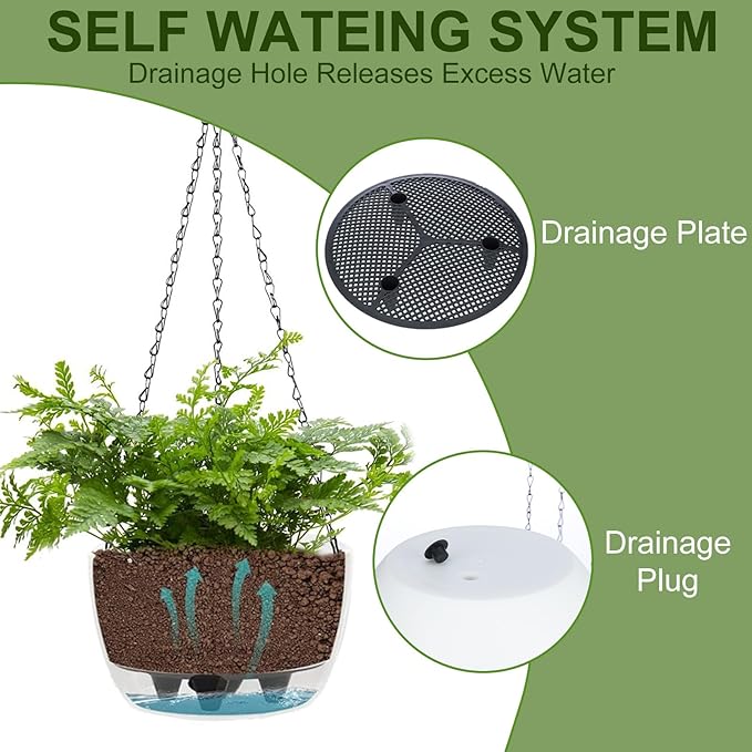 BAYN 2 Packs Solar Hanging Basket Planters for Plants Outdoor, Self Watering Black Flower Plants Pots with Solar Light Drainer for Balcony Patio Garden Outdoor Decoration BAYN