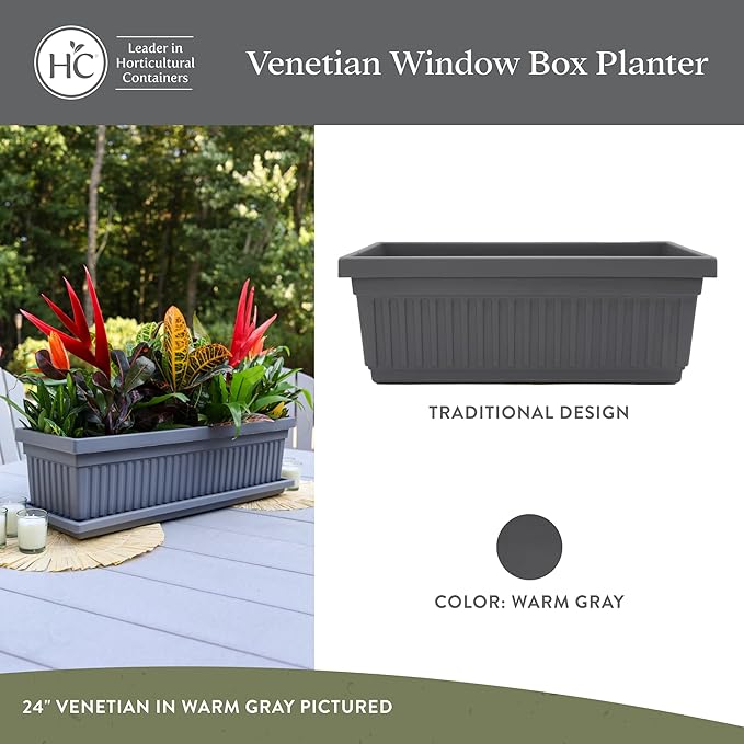The HC Companies 30 Inch Venetian Window Planter Box with Drainage Plug, Lightweight UV-Resistant Plastic Indoor & Outdoor Planters, 2-Pack Flower Box for Garden & Home Decor, Warm Gray TheHCCompanies